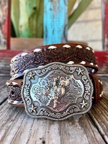 Kids Tooled Leather Belt With Buckle in Brown & White - N4436208 - Blair's Western Wear Marble Falls, TX
