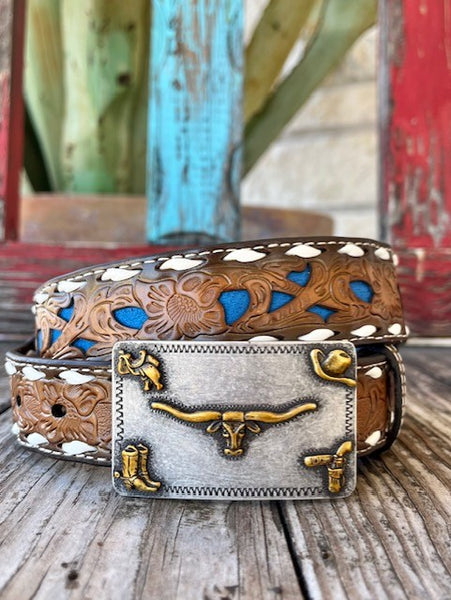 Kid's Tooled Leather Belt with Etched Buckle - D120002202 - Blair's Western Wear Marble Falls, TX 