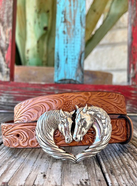 Kid's Tooled Leather Belt with Etched Horse Buckle - C30244 - Blair's Western Wear Marble Falls, TX 