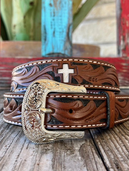 Kids Leather Belt With Tooled Leather and Inlayed Crosses - NKB01C- Blair's Western Wear in Marble Falls, TX
