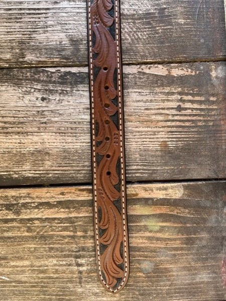 Kids Leather Belt With Tooled Leather and Inlayed Crosses - NKB01C- Blair's Western Wear in Marble Falls, TX