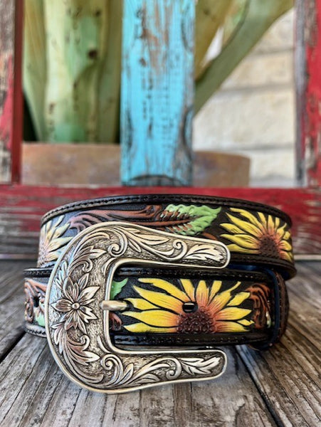 Kid's Sunflower Tooled Leather Belt with Etched Buckle - N4440801 - Blair's Western Wear Marble Falls, TX 