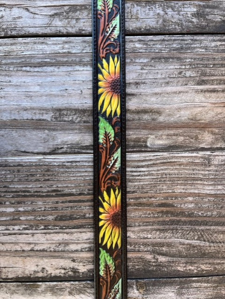 Kid's Sunflower Tooled Leather Belt with Etched Buckle - N4440801 - Blair's Western Wear Marble Falls, TX
