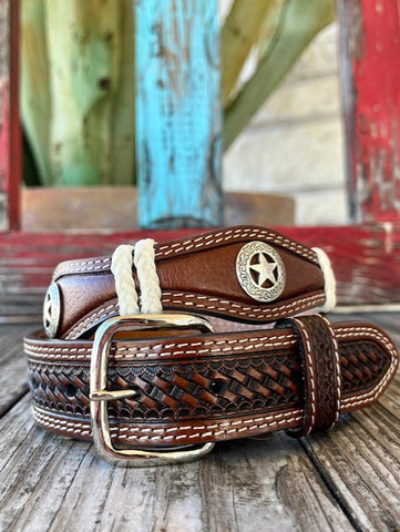 Kid's Tooled Leather Western Belt with Texas Star Conchos - 815 - Blair's Western Wear Marble Falls, TX 