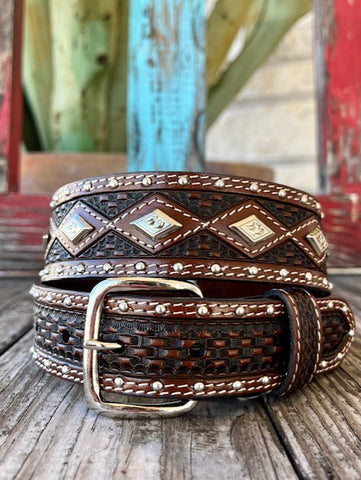 Kid's Tooled Leather Belt with Diamond Conchos and Diamond Design - 615 - Blair's Western Wear Marble Falls, TX 