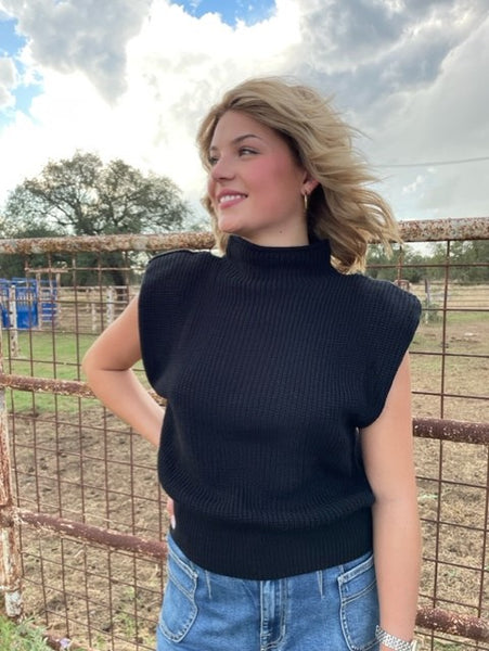 Ladies Black Sleeveless Knit Sweater with Shoulder Pads - S1074T2 - Blair's Western Wear Marble Falls, TX