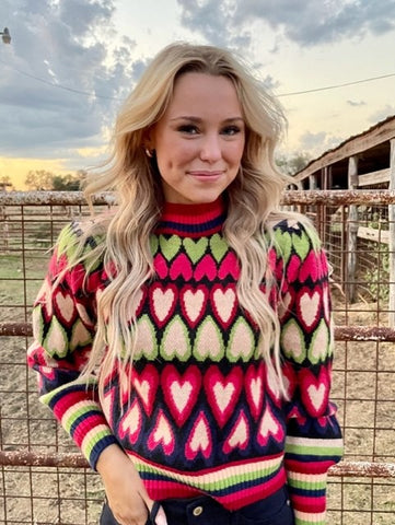 Ladies Repeating Heart Sweater Navy / Hot Pink / Lime / Natural - LSW0825 - Blair's Western Wear Marble Falls, TX 