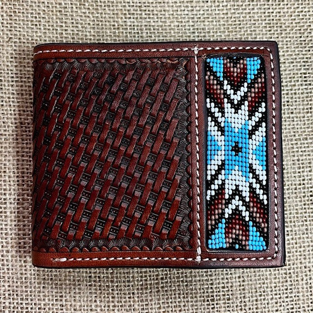 Men's Bifold Wallet with Aztec Beading & Basket Weave Tooled Leather - XH1014B - Blair's Western Wear Marble Falls, TX 