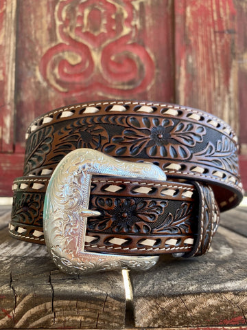 Men's Tooled Leather Belt with Raw Stitch Details in Brown, White, & Silver - 1666 - Blair's Western Wear Marble Falls, TX 