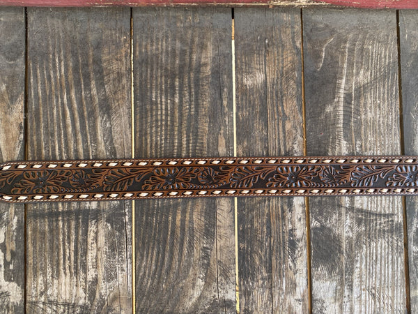 Men's Tooled Leather Belt with Raw Stitch Details in Brown, White, & Silver - 1666 - Blair's Western Wear Marble Falls, TX