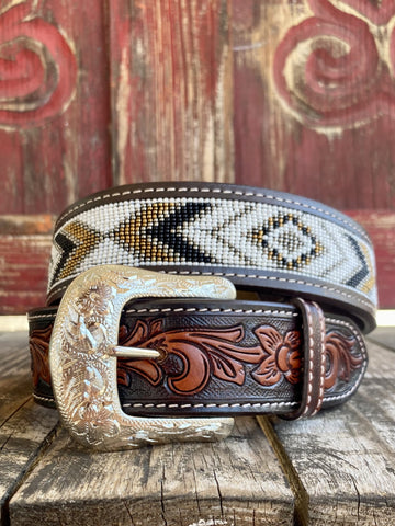 Men's Leather Belt With Tooled Leather & Beaded Aztec Design - XIBB104 - Blair's  Western Wear Marble Falls, TX 