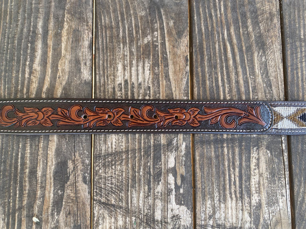 Men's Leather Belt With Tooled Leather & Beaded Aztec Design - XIBB104 - Blair's Western Wear Marble Falls, TX