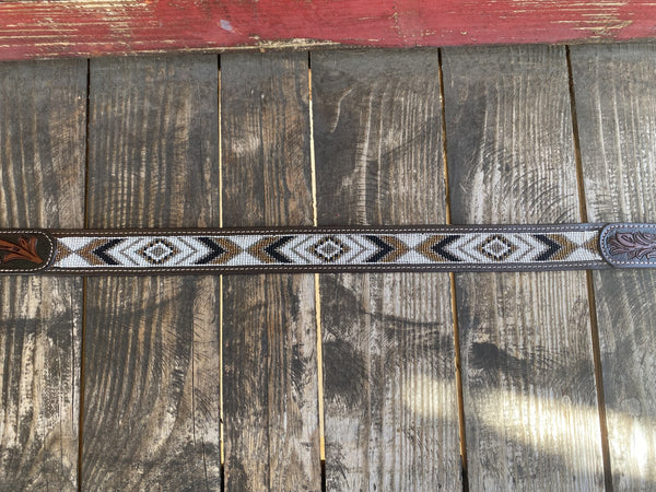 Men's Leather Belt With Tooled Leather & Beaded Aztec Design - XIBB104 - Blair's Western Wear Marble Falls, TX