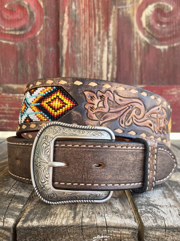 Men's Tooled Leather Belt with Aztec Beaded Design in Blue, White, Yellow, Red - D100013402 - Blair's Western Wear Marble Falls, TX 