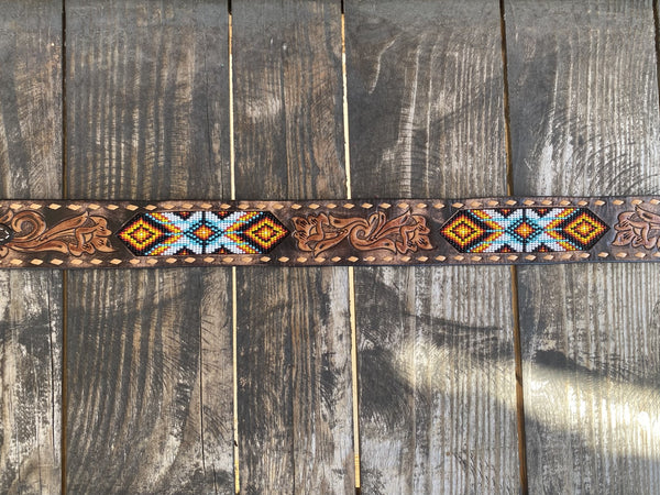 Men's Tooled Leather Belt with Aztec Beaded Design in Blue, White, Yellow, Red - D100013402 - Blair's Western Wear Marble Falls, TX