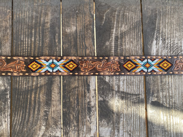 Men's Tooled Leather Belt with Aztec Beaded Design in Blue, White, Yellow, Red - D100013402 - Blair's Western Wear Marble Falls, TX