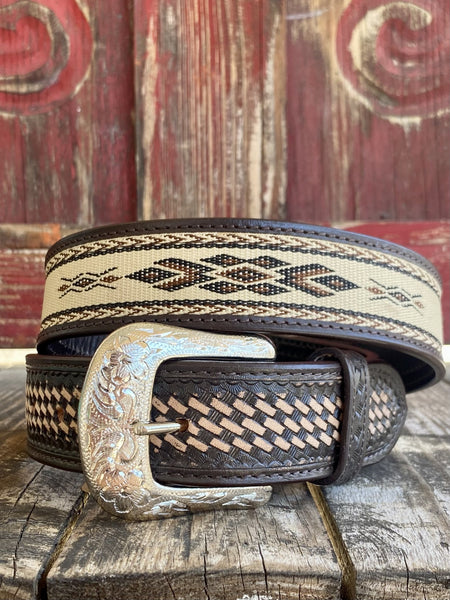 Men's Basket Weave Tooled Leather Belt With Woven Aztec Design in Brown/Tan - XIFB100 - Blair's Western Wear Marble Falls, TX 