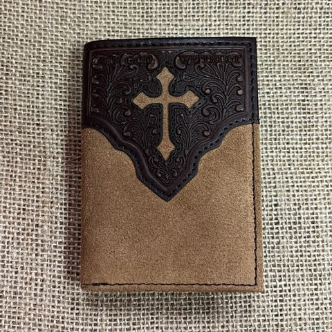 Men's Trifold Leather Wallet w/ Leather Roughout and Tooled Overlayed Cross Detail - N5413608 - Blair's Western Wear Marble Falls, TX 