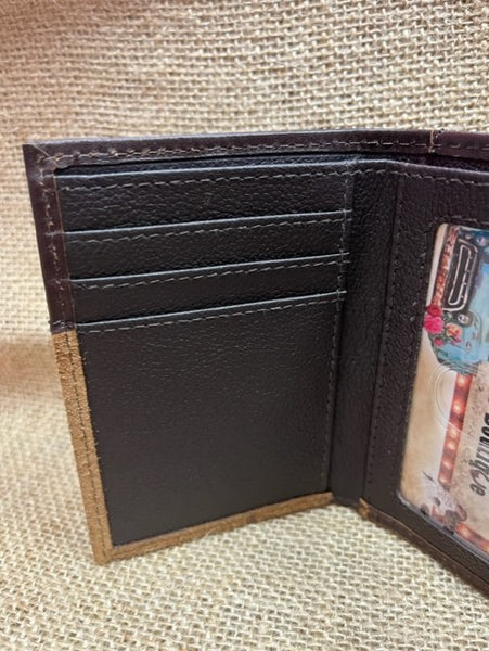 Men's Trifold Leather Wallet w/ Leather Roughout and Tooled Overlayed Cross Detail - N5413608 - Blair's Western Wear Marble Falls, TX