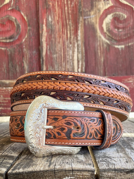 Ladies Tooled Leather Belt with Braided Leather Overlay in Cognac & Chocolate - WB2704B - Blair's Western Wear Marble Falls, TX 