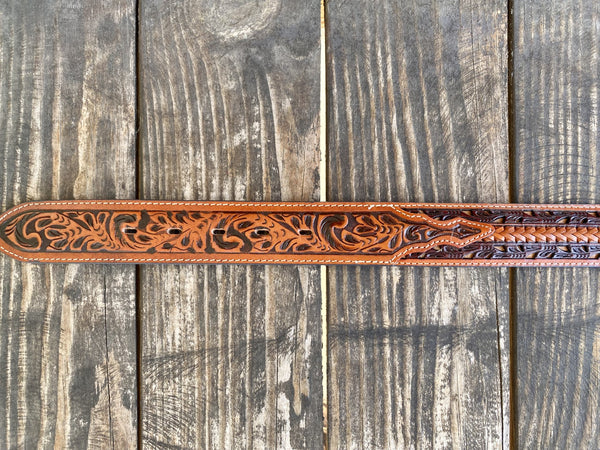 Ladies Tooled Leather Belt with Braided Leather Overlay in Cognac & Chocolate - WB2704B - Blair's Western Wear Marble Falls, TX