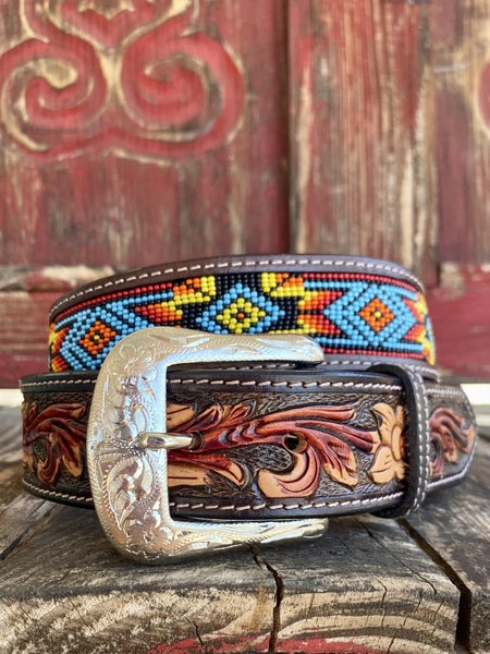 Men's Western Aztec Beaded Leather Tooled Belt - Blair's Western Wear Marble Falls, TX
