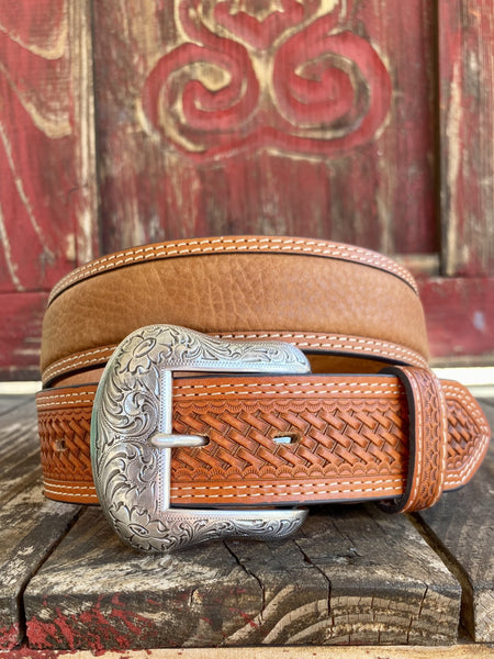 Men's Basket Weave Tooled Leather Belt With Smooth Leather Middle in Brown - 2278 - Blair's Western Wear Marble Falls, TX 
