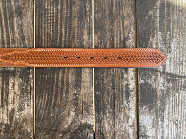 Men's Basket Weave Tooled Leather Belt With Smooth Leather Middle in Brown - 2278 - Blair's Western Wear Marble Falls, TX