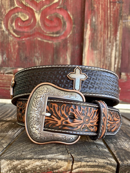 Men's Tooled Leather Belt with Etched Cross Conchos - A10412133 - Blair's Western Wear Marble Falls, TX 