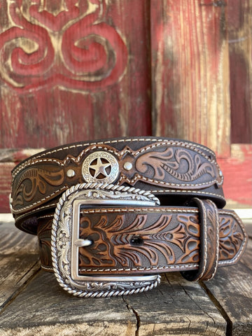 Men's Tooled Leather Belt with Star Conchos - A1037602- Blair's Western Wear Marble Falls, TX 