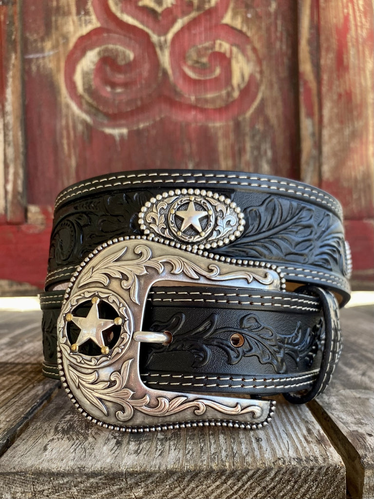 Men's Black Tooled Leather Belt with Star Conchos and Texas Star Buckle - C12423 - Blair's Western Wear Marble Falls, TX 