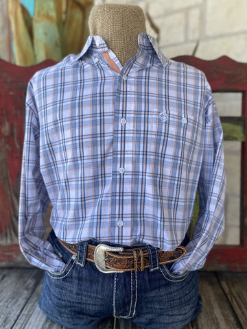Men's George Strait Blue/White/Orange Wrangler Long Sleeve - 112344867 - BLAIR'S Western Wear located in Marble Falls TX