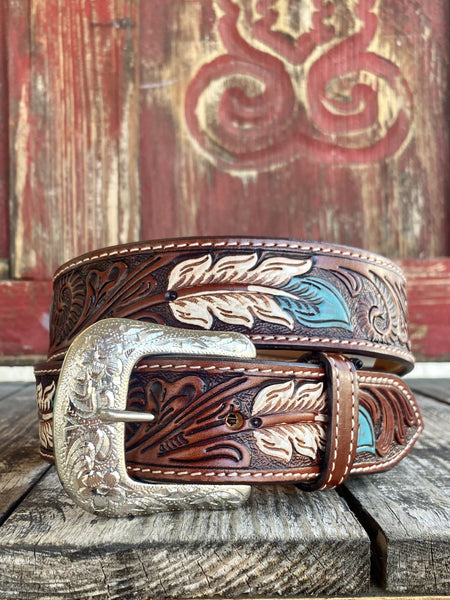 Men's Tooled Leather Belt with Feathers in Turquoise & White - H01WBC - Blair's Western Wear Marble Falls, TX 