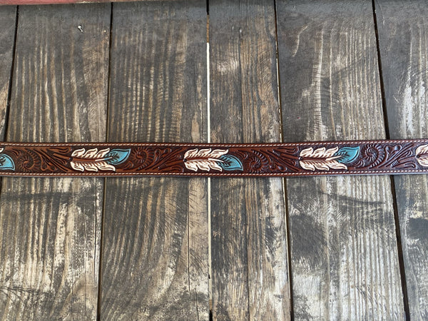 Men's Tooled Leather Belt with Feathers in Turquoise & White - H01WBC - Blair's Western Wear Marble Falls, TX