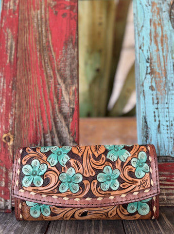 Brown & Turquoise Ladies Hand painted Tool Crossbody / Purse  ADBG889A - Blair's Western Wear Marble Falls,TX