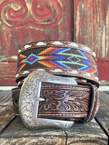Men's Tooled Leather Belt with Woven Aztec Design - N210002697 - Blair's Western Wear Marble Falls, TX 