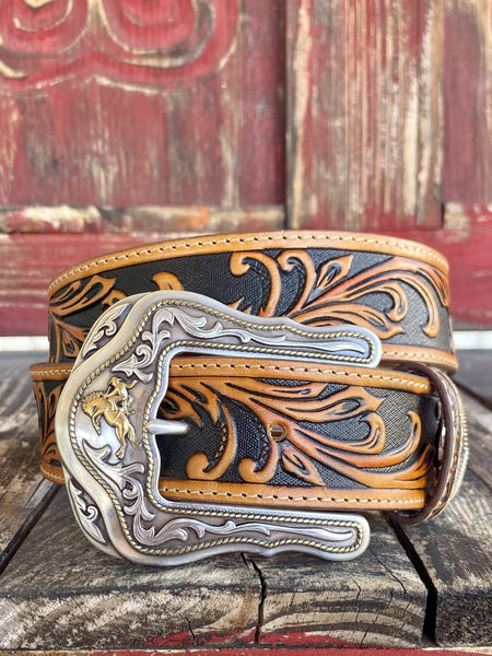 Men's Two Tone Tooled Leather Belt in Tan & Black With Fancy Etched Buckle - C41514 - Blair's Western Wear Marble Falls, TX 