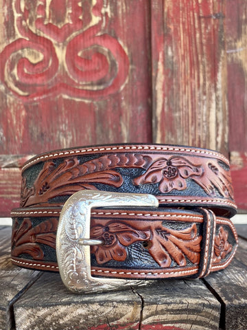 Men's Black & Brown Tooled Western Leather Belt - KH1067 - Blair's Western Wear Marble Falls, TX
