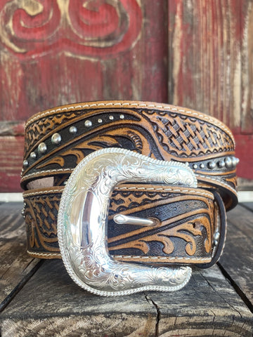 Men's Belt - C42655 - Brown Tooled & Studded - Blair's Western Wear - Marble Falls, TX