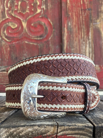 Men's Tooled Leather Belt with Rawhide Stitch Details - IFB1003 - Blair's Western Wear Marble Falls, TX 