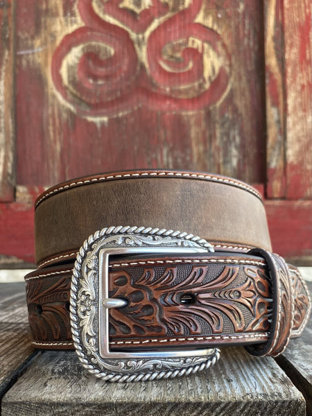 Men's Belt Marble Tooled Brown with Floral Silver Tabs - A1036202 - Blair's Western Wear - Marble Falls, TX