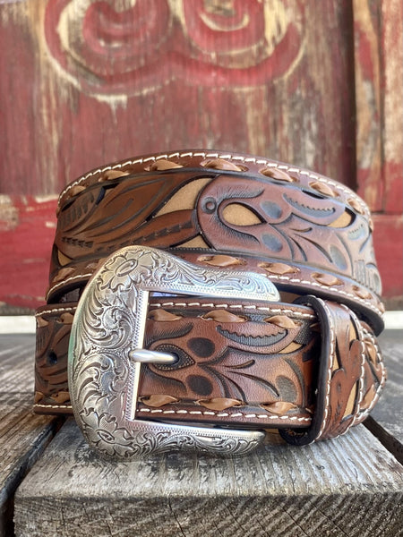 Men's Western Brown & Tan Leather Tooled Belt - N2414708 - Blair's Western Wear Marble Falls, TX