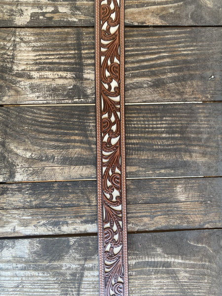 Men's Tooled Overlay on White Smooth Inlay & Basket Weave Tooling - N210003808 - Blair's Western Wear Marble Falls,TX
