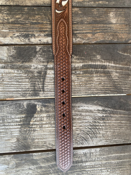 Men's Tooled Overlay on White Smooth Inlay & Basket Weave Tooling - N210003808 - Blair's Western Wear Marble Falls,TX