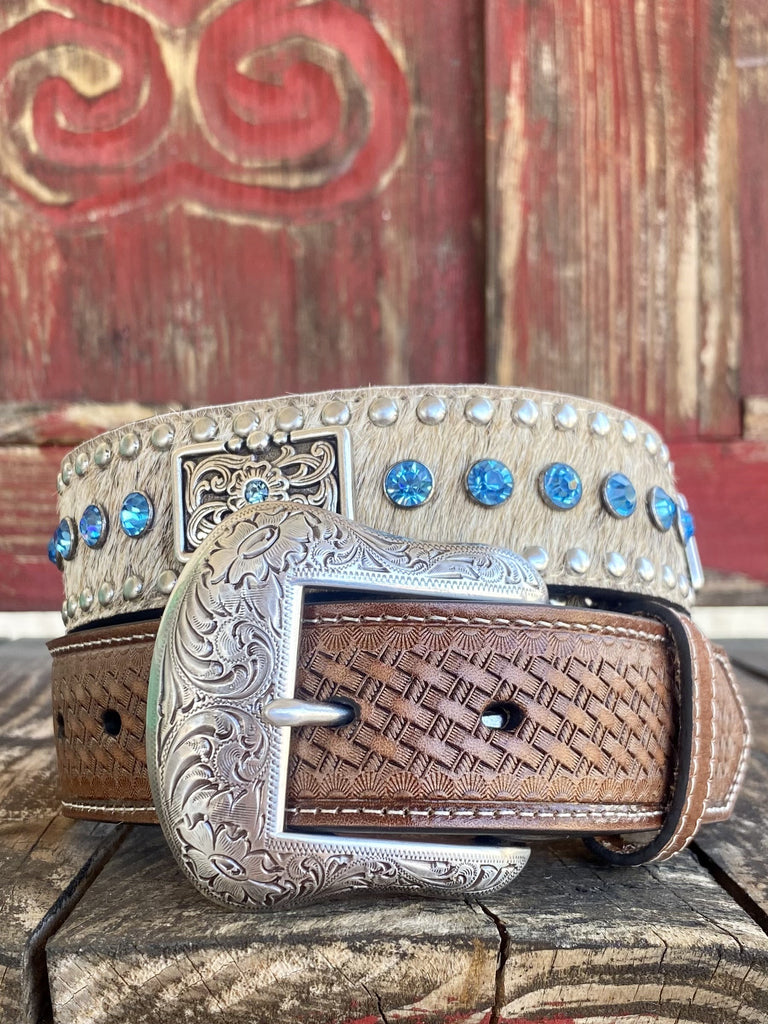Men's Leather Belt With Inlayed Cowhide, Basket Weave Tooled Leather Overlay, Stud and Jewel Detailing, & Silver Conchos - N2442148 - Blair's Western Wear Marble Falls, TX 