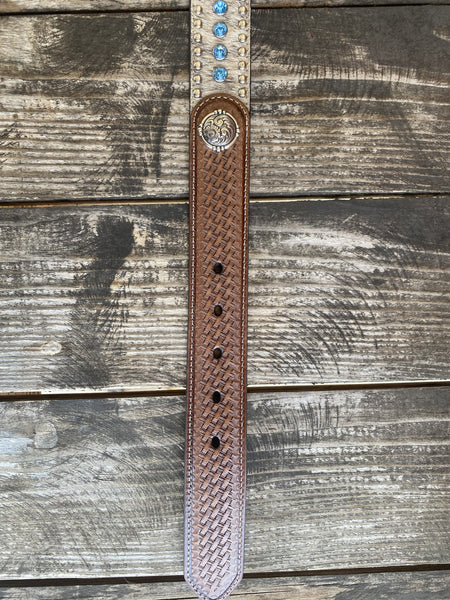 Men's Leather Belt With Inlayed Cowhide, Basket Weave Tooled Leather Overlay, Stud and Jewel Detailing, & Silver Conchos - N2442148 - Blair's Western Wear Marble Falls, TX