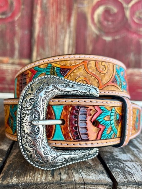 Women's Colorful Tooled Belt with Etlched Buckle - A1567008 - BLAIR'S WESTERN WEAR MARBLE FALLS, TX 