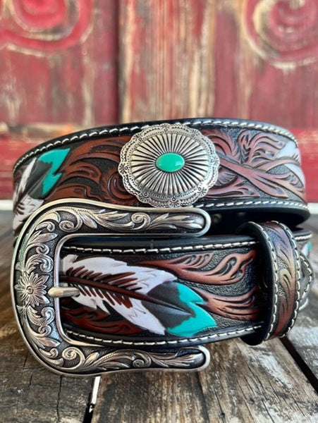 Ladies Tooled Leather Belt with Painted Feathers and Silver Conchos - A1533602 - BLAIR'S WESTERN WEAR MARBLE FALLS, TX 
