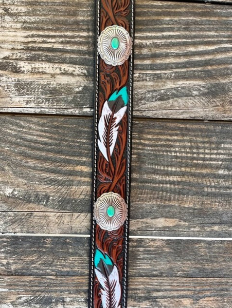 Ladies Tooled Leather Belt with Painted Feathers and Silver Conchos - A1533602 - BLAIR'S WESTERN WEAR MARBLE FALLS, TX