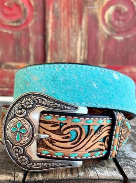 Ladies Acid Cowhide Belt with Tooled Leather Ends - D140001433 - BLAIR'S WESTERN WEAR MARBLE FALLS, TX